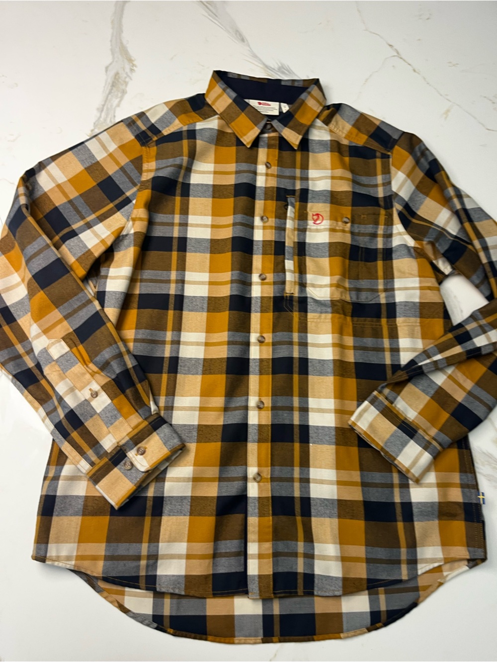 Fjallraven Fjallglim Shirt Mens L Gold Plaid Flannel Long Sleeve Outdoor NWOT